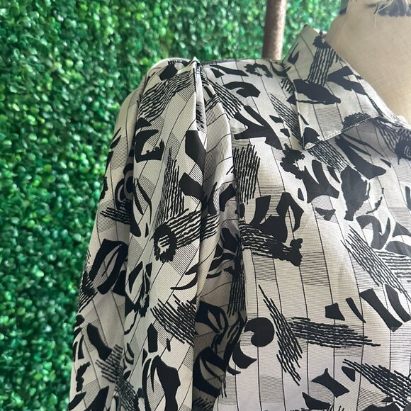 1980s Golden Gate Black-and-White Printed Long Sleeve Blouse - Picture 4 of 5